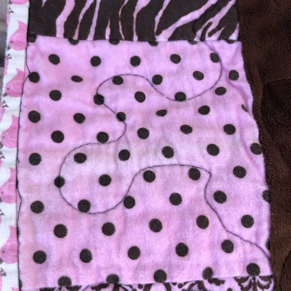 Lot Of 1 Baby Girl Pink Brown Green Cotton Quilt and 1 Soft Blanket Patchwork